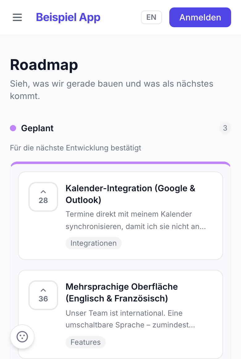 Ideenkiste Feature Request Board – Übersicht mit Vorschlägen, Votes und Roadmap-Status